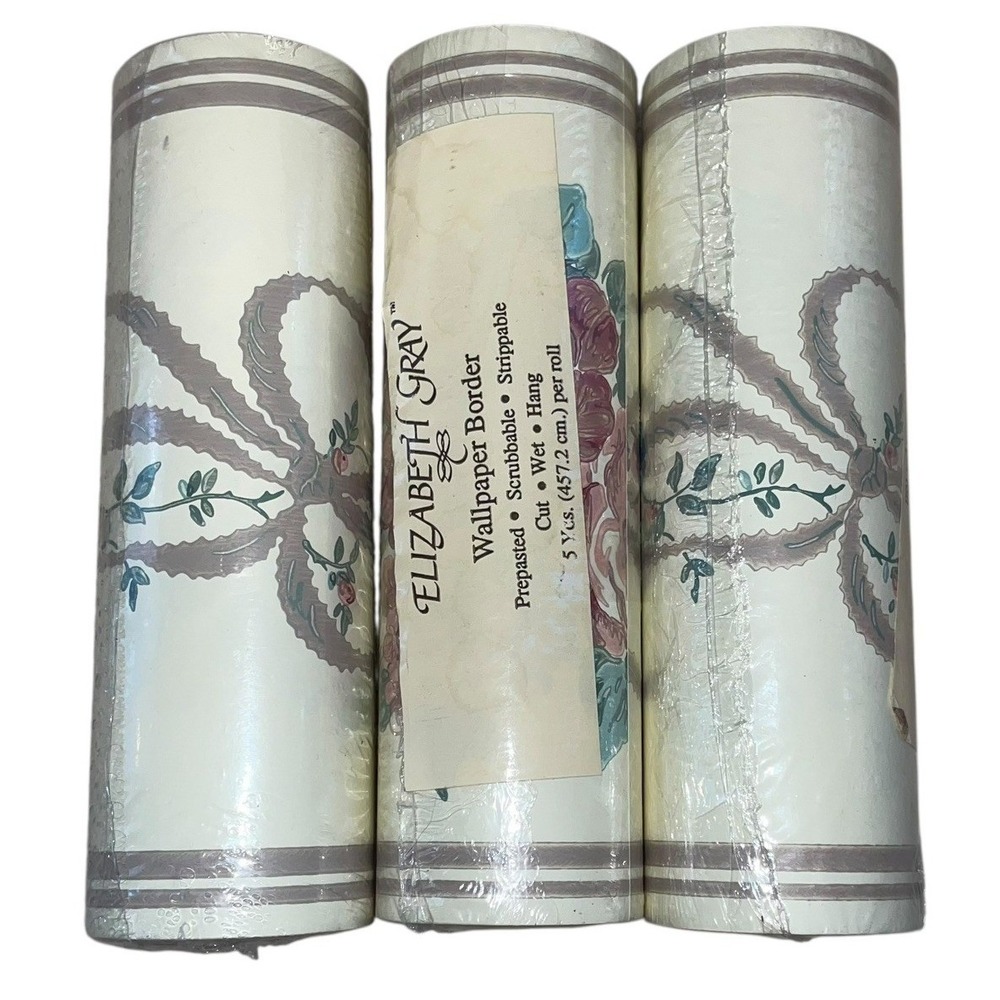 Vintage Floral Ribbon Bow Wallpaper Border 3 Rolls 15 Yds Shabby Chic‎ Cottage